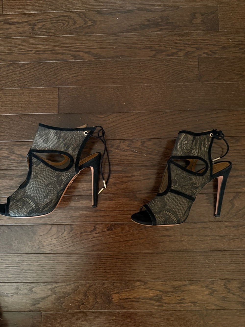 Aquazzura Black Lace and Suede Sexy Thing Sandals Size 37